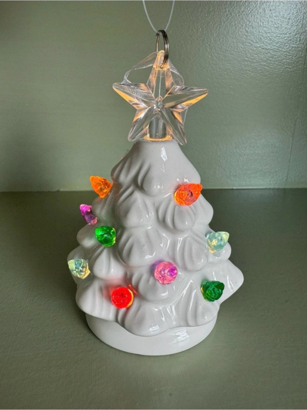 White Ceramic Holiday Tree ornament with Multicolor Lights , Christmas ornament